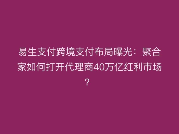 易生支付跨境支付布局曝光：聚合家如何打开代理商40万亿红利市场？