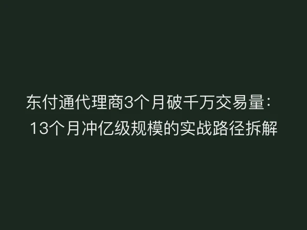 东付通代理商3个月破千万交易量：13个月冲亿级规模的实战路径拆解